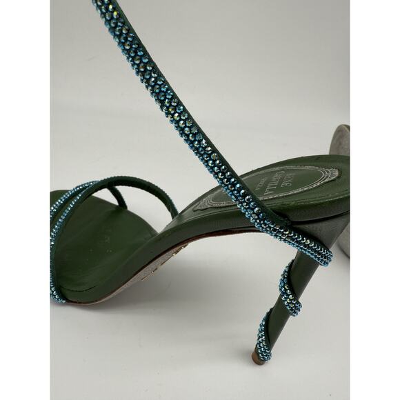 Rene Caovilla Cleo Crystal Embellished 105 Strappy Sandals Green Women's Size 38 - Picture 16 of 16